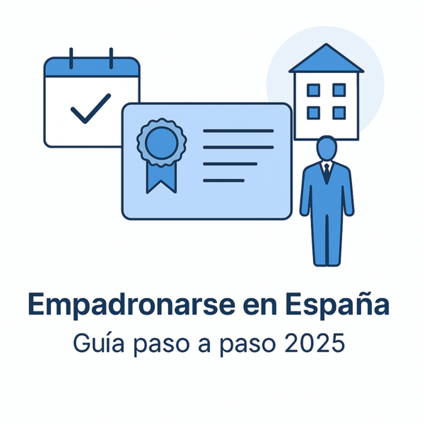 Ilustración sobre el proceso de empadronarse en España con iconos de certificado, calendario y vivienda. Guía 2025.